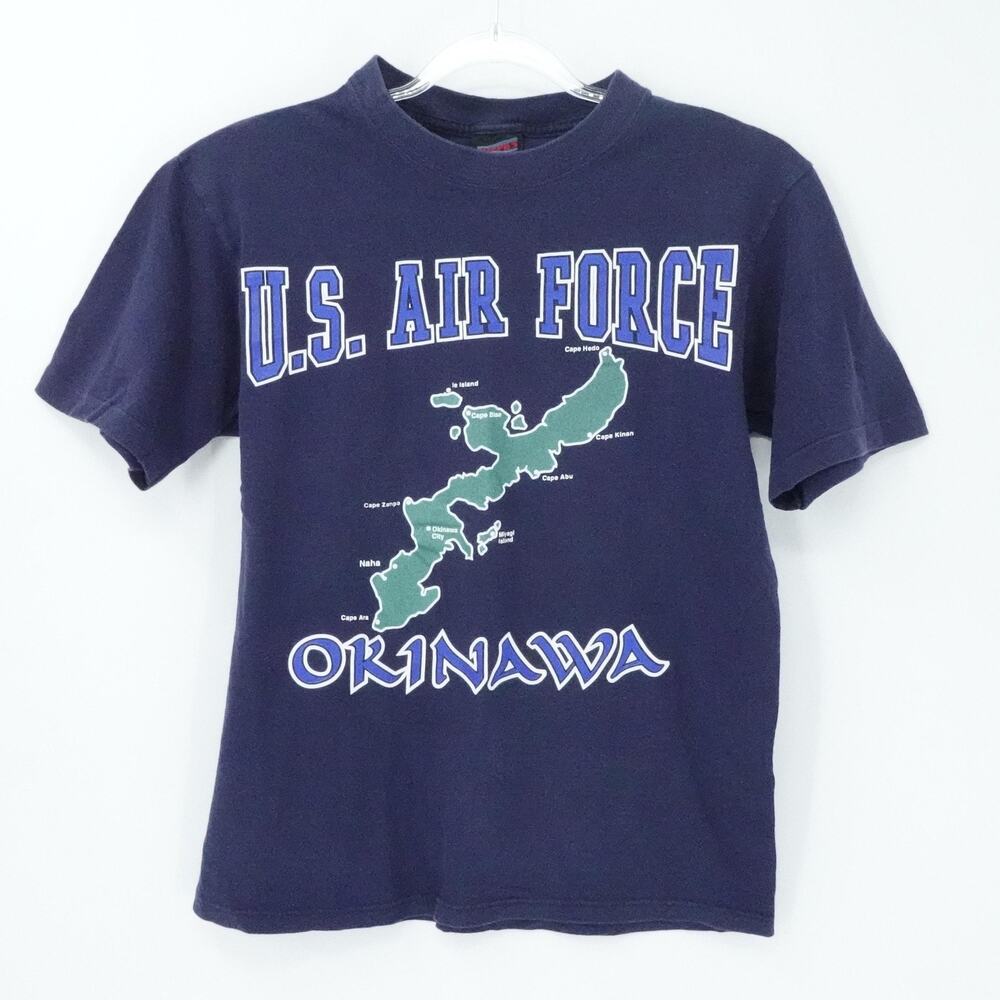 Vintage U.S.‎ Air Force Shirt Mens Medium Navy Okinawa Map Graphic Made USA 90s